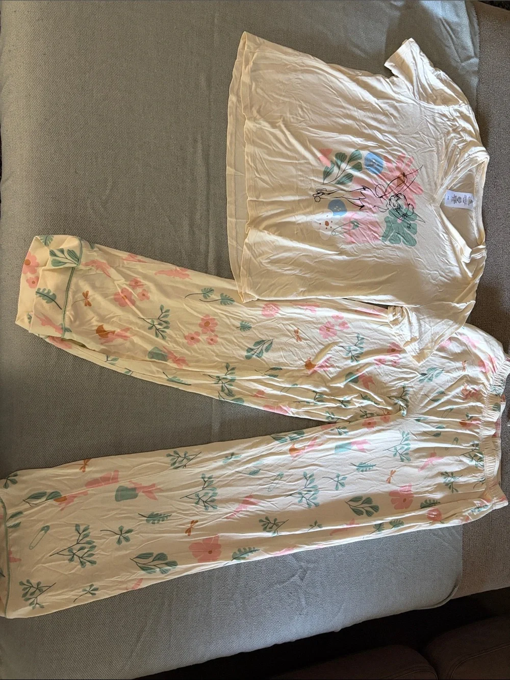 Disney Tinkerbell Girls' Cream Floral Pajama Set - Soft Cotton Top & Pants